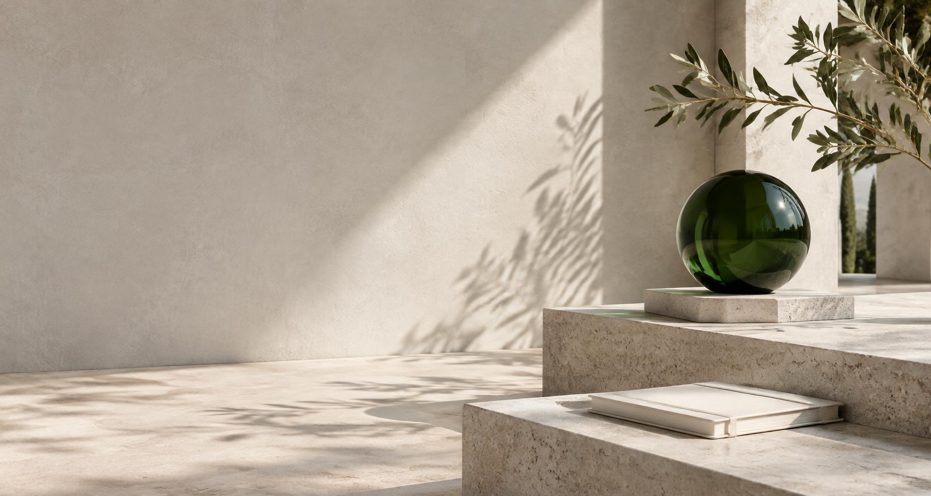 Un espacio sereno de piedra natural, con un cuaderno y una escultura de vidrio verde
